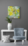 Rendered in pink, lemon, green, and blue this abstract painting with a floral motif is by Adam Cohen. Image 9