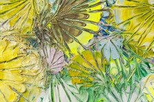 Rendered in pink, lemon, green, and blue this abstract painting with a floral motif is by Adam Cohen. Image 5