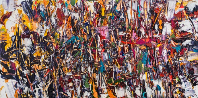 A tangle of colour—dazzling, as if lit from within flows across the canvas in this abstract painting by Adam Cohen.