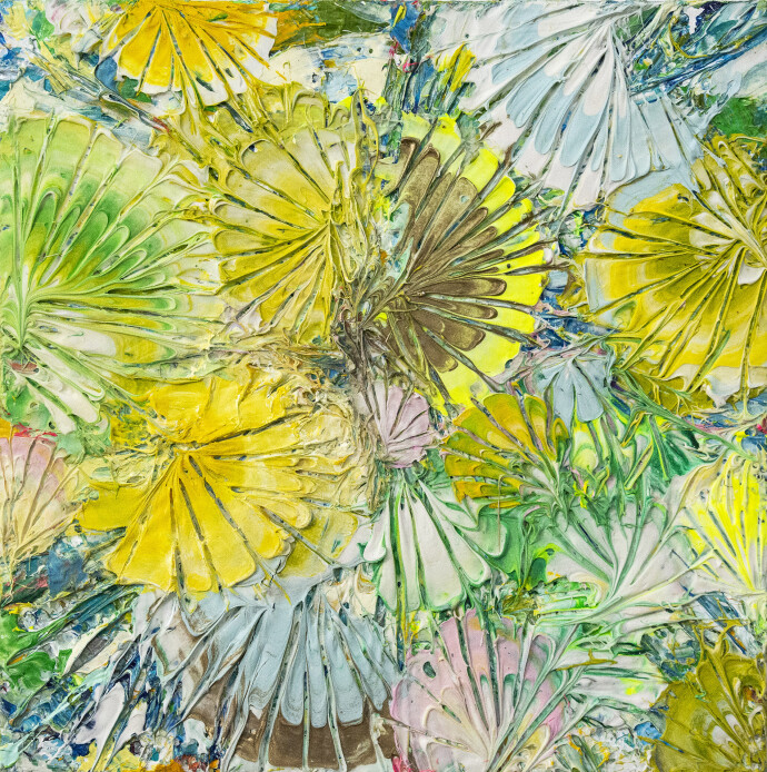 Rendered in pink, lemon, green, and blue this abstract painting with a floral motif is by Adam Cohen.