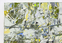 Swirling passages and drips of yellow, periwinkle, moss green and white coalesce at a central point in this action painting by Adam Cohen. Image 2