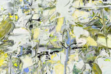 Swirling passages and drips of yellow, periwinkle, moss green and white coalesce at a central point in this action painting by Adam Cohen. Image 4