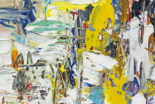 Passages and swipes of lemon yellow, silver, white and sapphire blue jostle for space in this dynamic acrylic by Adam Cohen. Image 2