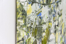 Swirling passages and drips of yellow, periwinkle, moss green and white coalesce at a central point in this action painting by Adam Cohen. Image 5