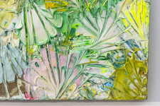 Rendered in pink, lemon, green, and blue this abstract painting with a floral motif is by Adam Cohen. Image 3