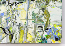 Swirling passages and drips of yellow, periwinkle, moss green and white coalesce at a central point in this action painting by Adam Cohen. Image 3