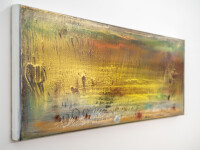 Layers of yellow-gold and sea green acrylic articulated with dynamic calligraphic taches unfold across this 4.5 feet long canvas like an ill… Image 2