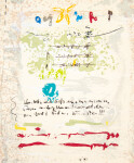 In this serigraph on paper, layers of soft yellow, pale peach and moss green provide an illuminated ground on which calligraphic gestures in… Image 2