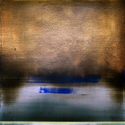 This contemporary abstract painting has a golden color palette.