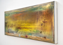 Layers of yellow-gold and sea green acrylic articulated with dynamic calligraphic taches unfold across this 4.5 feet long canvas like an ill… Image 3