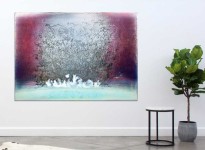 A line of white cloud rises at the foot of swirling silver calligraphy in this luminous canvas by Alice Teichert. Image 5