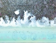 A line of white cloud rises at the foot of swirling silver calligraphy in this luminous canvas by Alice Teichert. Image 2