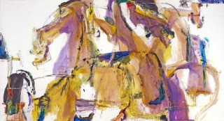 Energetic brush strokes, collage, acrylic and watercolour are used in this abstract painting of horses and riders, part of Lui's Pilgrim's P…