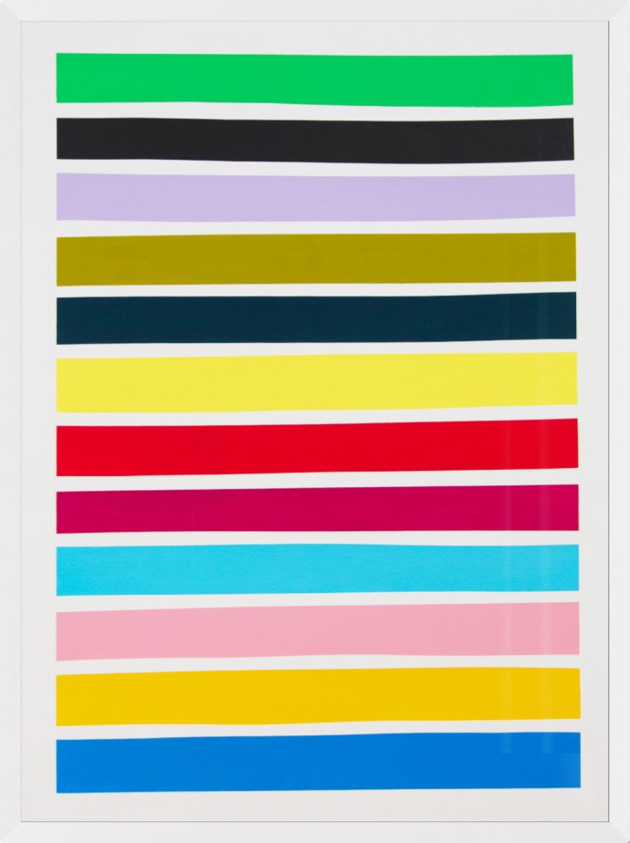 Calgary artist Aron Hill plays with a full range of bold, bright colours in this series of dramatic minimalist compositions.