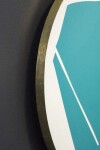 This graphic-based painting of an aqua polygon on a round, white panel is rimmed with gold leaf. Image 6