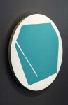 This graphic-based painting of an aqua polygon on a round, white panel is rimmed with gold leaf. Image 2