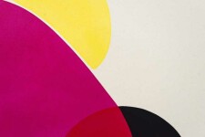 A brilliant yellow sun peeks out behind hot pink, deep blue and contrasting black shapes in this abstract landscape by Calgary artist Aron H… Image 4