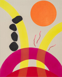 This minimalist colourful painting is the landscape reimagined and features the image of a sun.