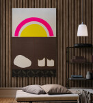 Aron Hill returns to bright colours and familiar bold imagery—the sun and rocks in this contemporary landscape. Image 14