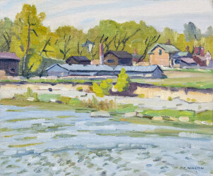 A saw mill is viewed from across a rapid river in this delightful scene near Woodbridge, Ontario, by Bernice Martin.