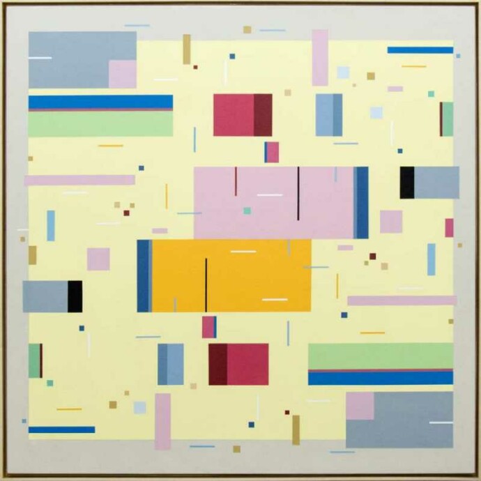 Kramer’s modern and graphic paintings express lyrical, geometric abstraction via a harmonic interplay of syncopated shapes of various sizes …