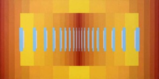 Vertical bars of sky blue march out from a rectangle packed with bars of yellow and hot orange in this dynamic optical composition by Burton…