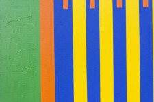 Precise vertical bands of orange, indigo and canary yellow on a green ground beat in unison in this lyrical painting by Burton Kramer. Image 2