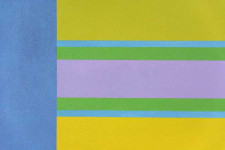 Horizontal bands of lemon yellow, rose pink and green float on a periwinkle ground in this acrylic painting by Burton Kramer. Image 2