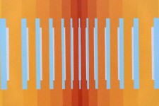 Vertical bars of sky blue march out from a rectangle packed with bars of yellow and hot orange in this dynamic optical composition by Burton… Image 2