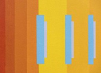 Vertical bars of sky blue march out from a rectangle packed with bars of yellow and hot orange in this dynamic optical composition by Burton… Image 4