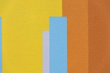 Vertical bars of sky blue march out from a rectangle packed with bars of yellow and hot orange in this dynamic optical composition by Burton… Image 5