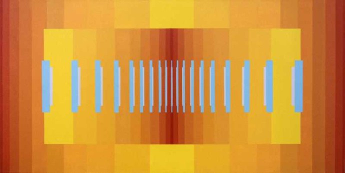 Vertical bars of sky blue march out from a rectangle packed with bars of yellow and hot orange in this dynamic optical composition by Burton…