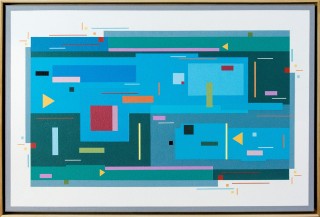 Kramer’s modern and graphic paintings express lyrical, geometric abstraction via a harmonic interplay of syncopated shapes of various sizes …