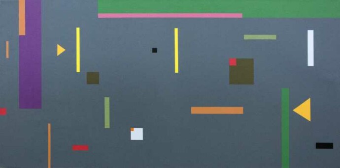 Lyrical, geometric shapes in violet, pink, yellow, orange and green dance on a steel blue ground in this composition by Burton Kramer.