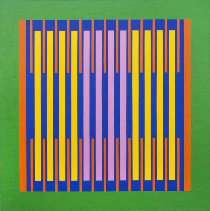 Precise vertical bands of orange, indigo and canary yellow on a green ground beat in unison in this lyrical painting by Burton Kramer.