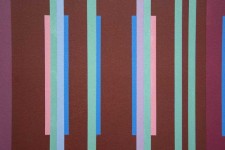 Slim vertical bands of lime green, sky blue, turquoise, pink and cerise repeat in a mirrored pattern and appear optically to move back and f… Image 2