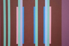 Slim vertical bands of lime green, sky blue, turquoise, pink and cerise repeat in a mirrored pattern and appear optically to move back and f… Image 3