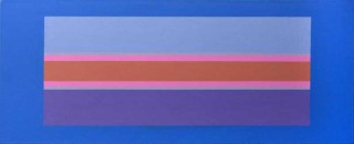 Horizontal bands cornflower blue, rose pink, violet and dusty orange float on a ground of sky blue.