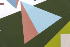 A divided green triangle dances with a staccato of geometric shapes in mauve, rose and light blue in this lively composition by Burton Krame… Image 2