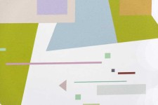 A divided green triangle dances with a staccato of geometric shapes in mauve, rose and light blue in this lively composition by Burton Krame… Image 3