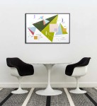 A divided green triangle dances with a staccato of geometric shapes in mauve, rose and light blue in this lively composition by Burton Krame… Image 4