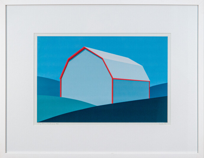 This pop art print is a colorful image of a barn created by Charles Pachter.