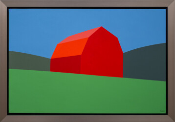 This pop art painting of a red barn was created by Charles Pachter.