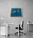 Bold painting of the Canadian and American flags dancing from the same pole on a sky blue ground. Image 6