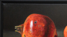 Two red-orange pomegranates, one cut cleanly in half are set on a dark ground in this realistically rendered and intimate oil painting on ca… Image 3