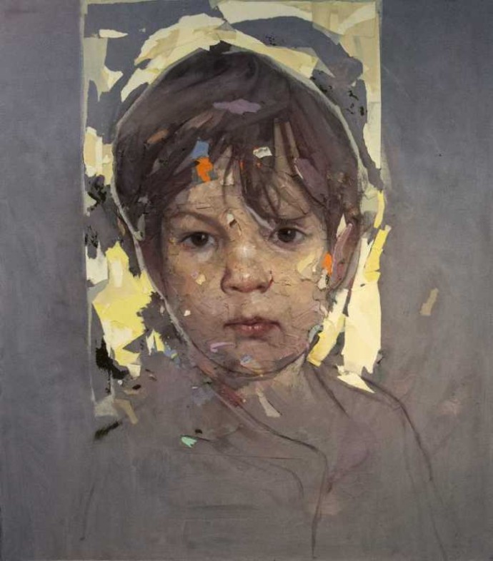 This collage and mixed media portrait by Dan Hughes captures a moment in the young life of a child.