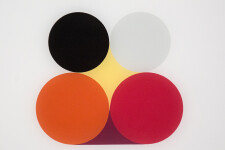 Orchestrated circular shapes of silver, black, tangerine orange, and cherry red define the dove grey ground of this square minimalist acryli… Image 2