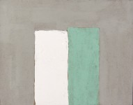 Two vertical rectangles in olive and light brown on a light burnt umber ground are an elegant representation of a still life by David Cantin… Image 2