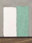 Two vertical rectangles in olive and light brown on a light burnt umber ground are an elegant representation of a still life by David Cantin… Image 5