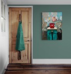 A bright red rotary phone sits on a turquoise-green cabinet, paper notes randomly taped to the wall, paint-peeling in this nostalgic trompe … Image 8